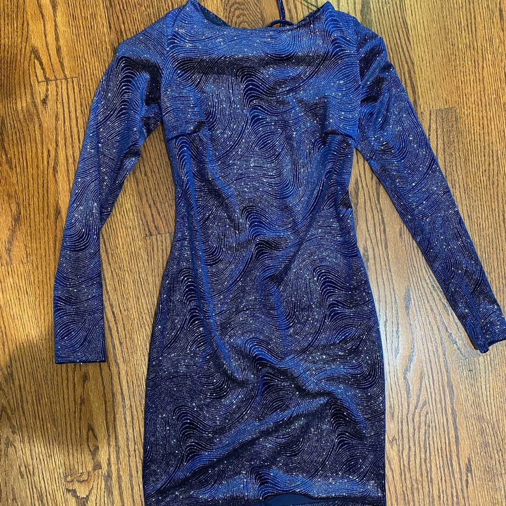 Formal, navy, sparkly, low back